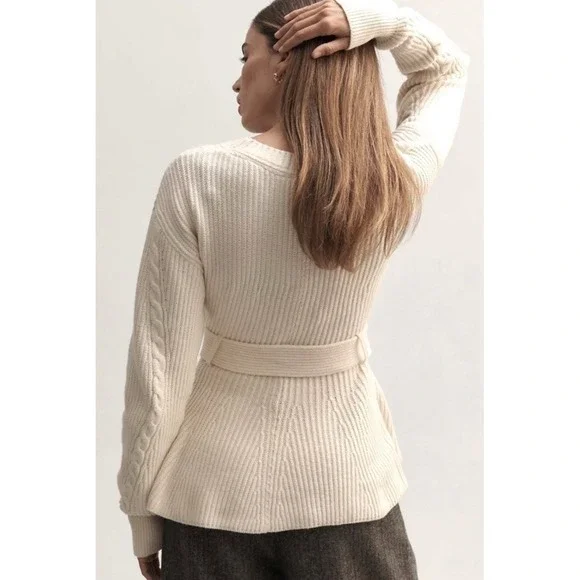 Anthropologie Maeve Cream Cableknit Peplum Belted Cardigan Cozy Career Classic M - Picture 12 of 12